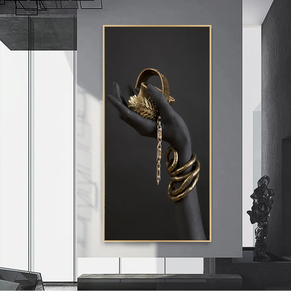 Black Hands Holding Golden Jewelry Canvas Art Posters And Prints African Art Paintings On the Wall Art Pictures For Living Room
