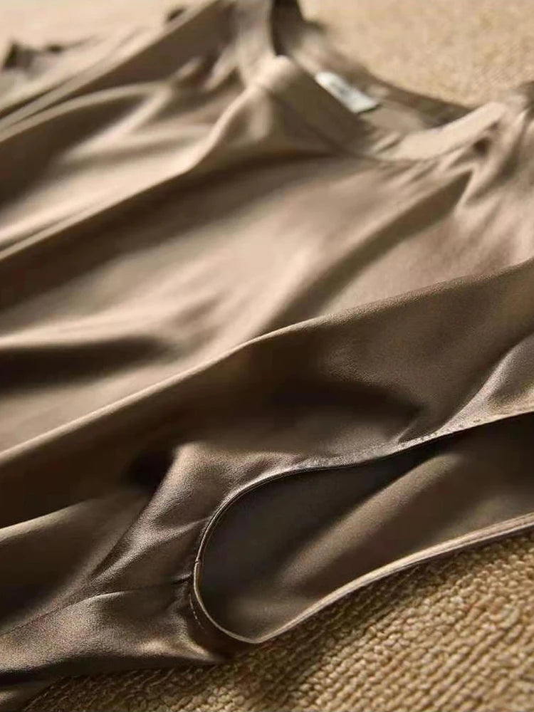 Silk Thin Short Sleeve Tees Korean Style Slip Woman Summer Clothes Elegant Black Brown Tops Solid Loose Casual 4XL