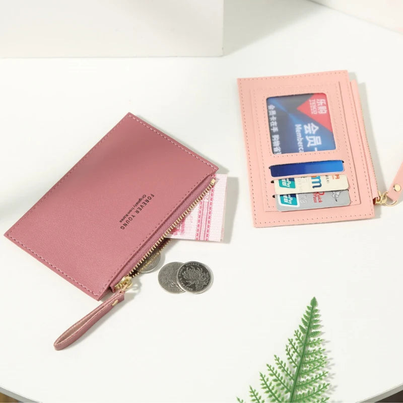 Men and women ID card holder PU zipper small coin purse credit card holder solid color business card case business card holder