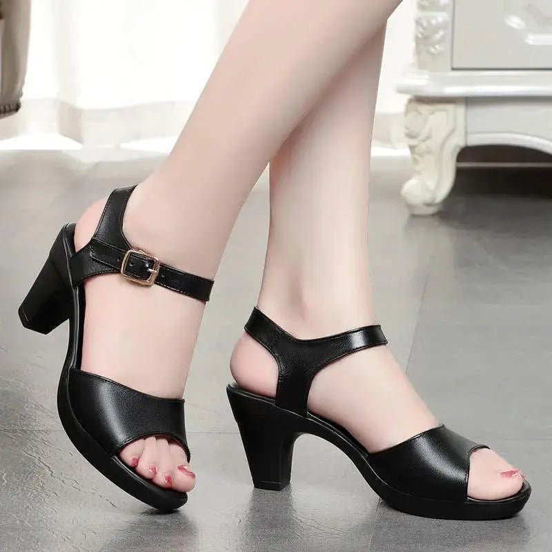 Cresfimix Women Fashion Black Comfort Summer Hollow Open Toe Square Heel Shoes Lady Spring Buckle Strap Open Toe Heels A9511