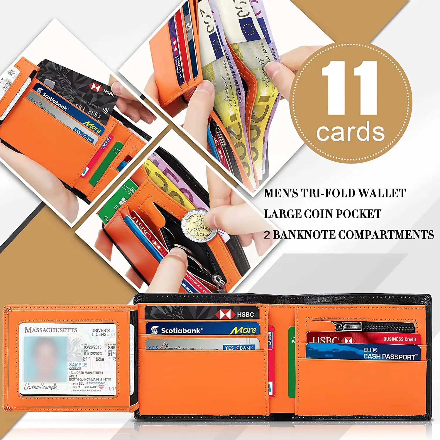 TEEHON Genuine Leather Wallet Men Slim RFID Purse Card Holder Coin Pocket ID Window Minimalist Wallets