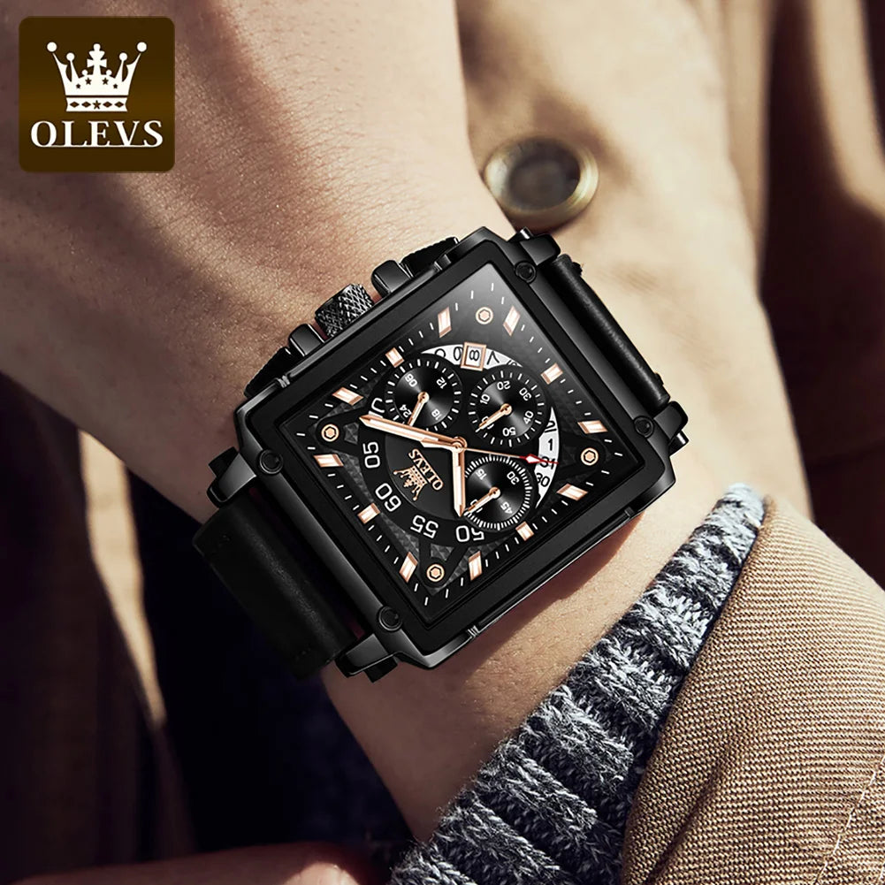 OLEVS Men's Watches Black Leather Strap Wristwatch Waterproof Luminous Analog Quartz Fashion Business Sport Watches for Men 9919