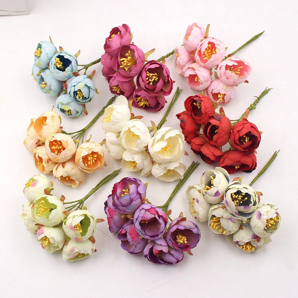 6Pcs Artificial Flowers Mini Tea Rose Bud For Wedding Home Decoration Jewelry Accessories Fleurs Scrapbooking DIY Craft Supplies