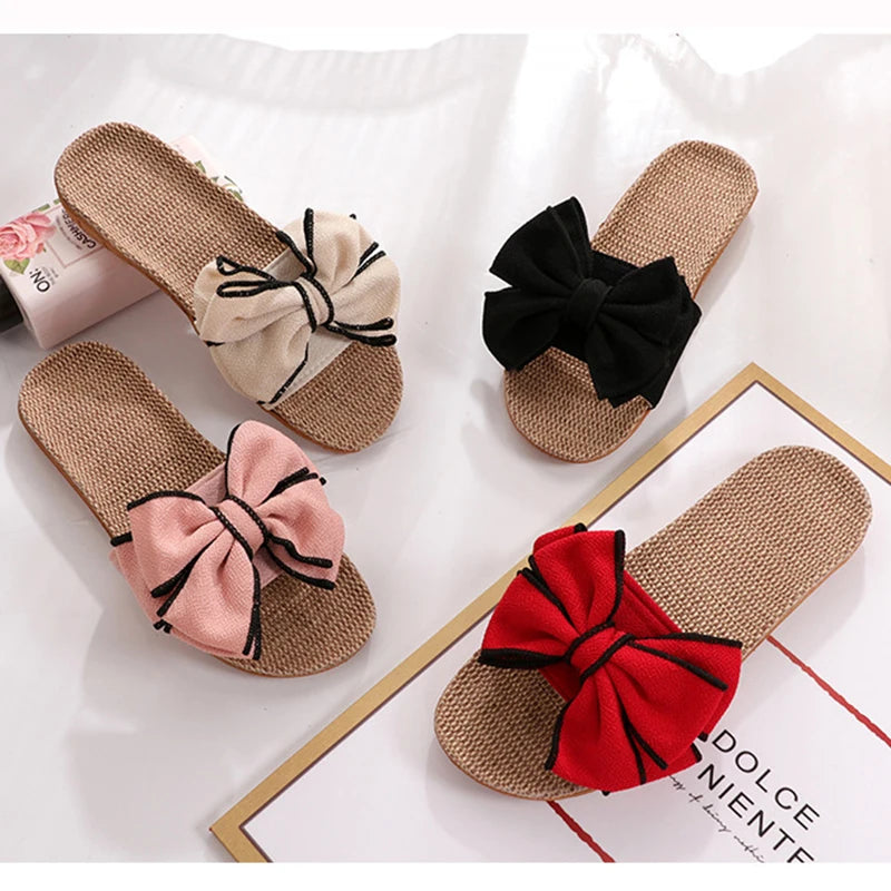 Mntrerm 2024 New Casual Sneakers For Home Slippers Summer Bow-knot Soft Floor Woman Indoor Flats Shoes Cute Linen Slipper Terlik