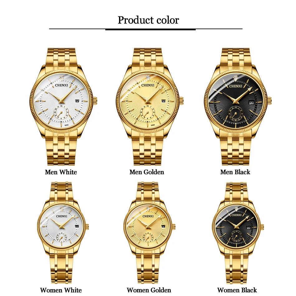 CHENXI Golden Wrist Watch Men Watches Lady Top Brand Luxury Quartz Wristwatch for Lover's Fashion Dress Clock Women