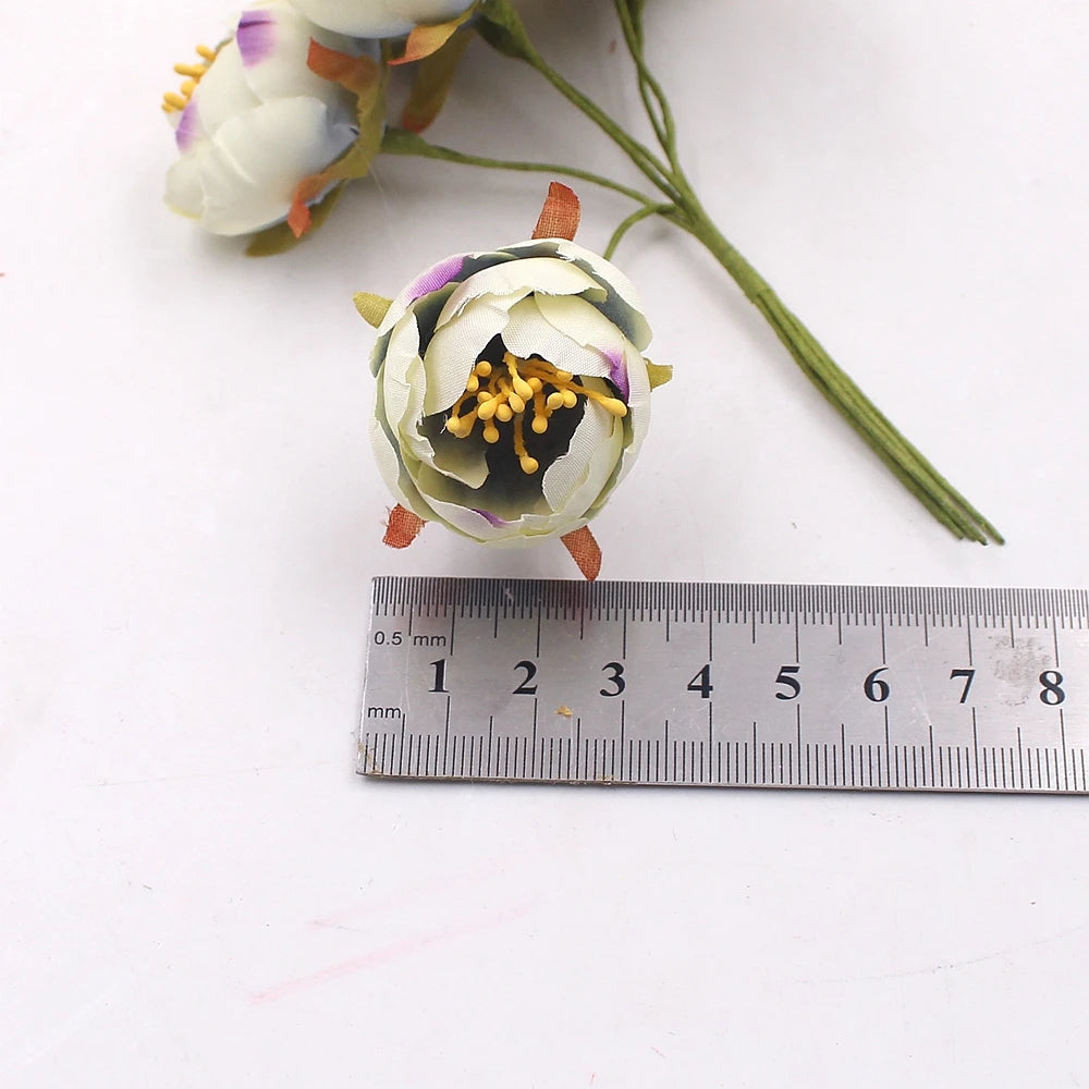 6Pcs Artificial Flowers Mini Tea Rose Bud For Wedding Home Decoration Jewelry Accessories Fleurs Scrapbooking DIY Craft Supplies