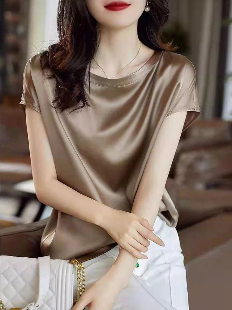 Silk Thin Short Sleeve Tees Korean Style Slip Woman Summer Clothes Elegant Black Brown Tops Solid Loose Casual 4XL