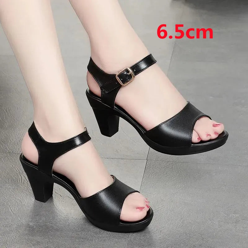 Cresfimix Women Fashion Black Comfort Summer Hollow Open Toe Square Heel Shoes Lady Spring Buckle Strap Open Toe Heels A9511