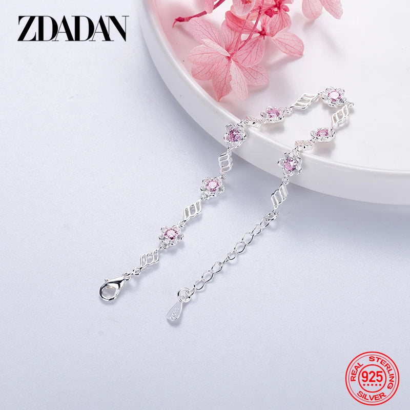 ZDADAN 925 Sterling Silver Pink Crystal Bracelet For Women Fashion Gift Charm Jewelry