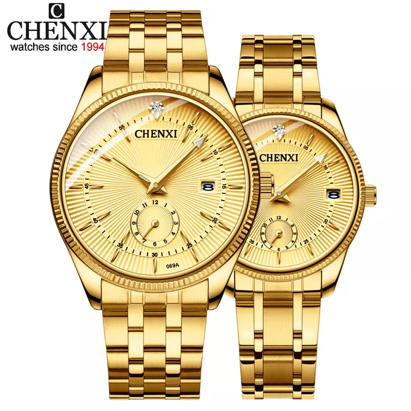 CHENXI Golden Wrist Watch Men Watches Lady Top Brand Luxury Quartz Wristwatch for Lover's Fashion Dress Clock Women