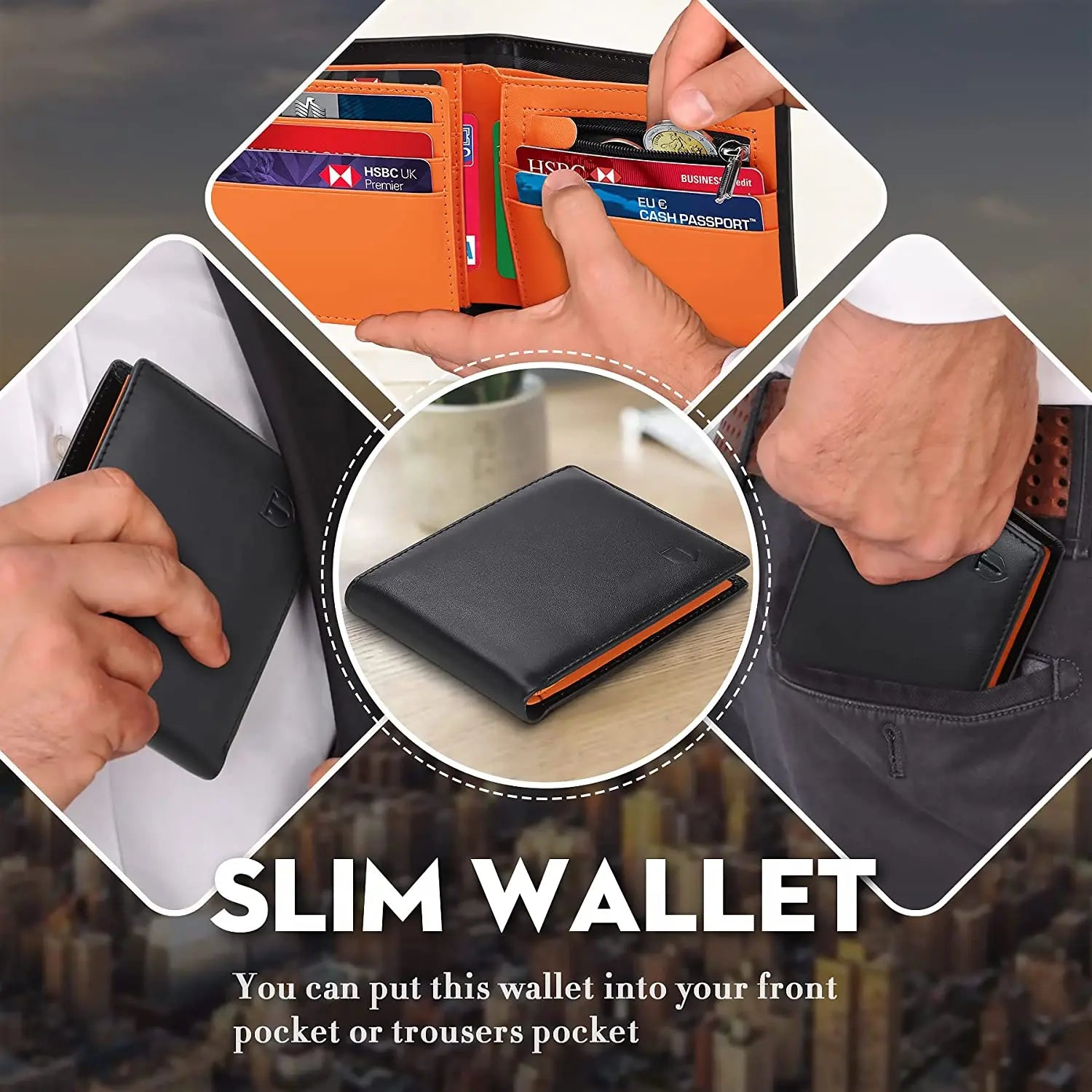 TEEHON Genuine Leather Wallet Men Slim RFID Purse Card Holder Coin Pocket ID Window Minimalist Wallets