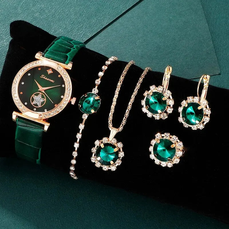 6PCS Set Green Luxury Quartz Watch Women Ring Necklace Earring Rhinestone Fashion Wristwatch Casual Ladies Bracelet Watches