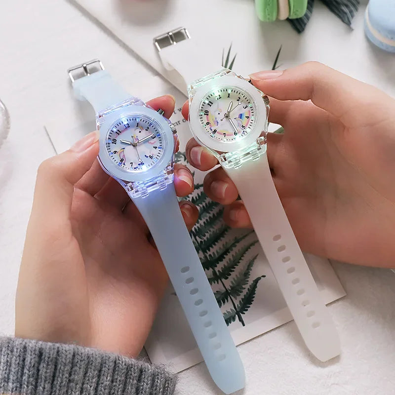 Cute Cartoon Pattern Kids Watch Fashion Luminous Children Quartz Unicorn Silicone Watchband Simple Casual Boys Girls Watch Clock