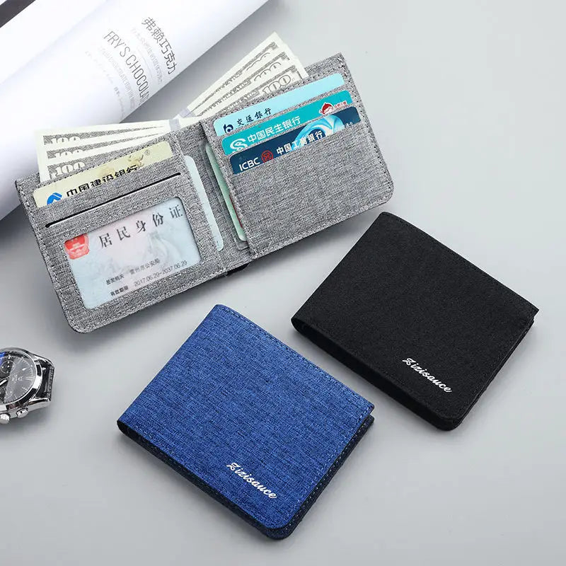 Men'S Black Short Wallet Ultra-Thin Canvas Photo Bank Holder Multi-Card Id Card Large Capacity Money Bag Business Coin Purse New