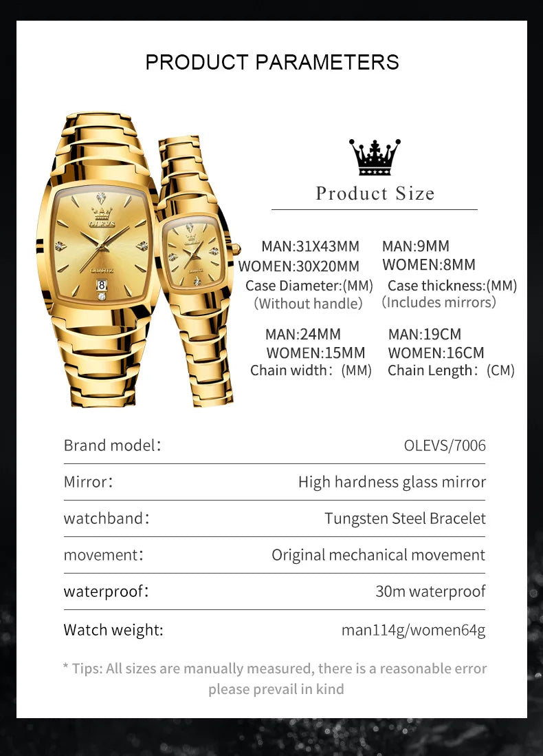 OLEVS 7006 Tonneau Tungsten Steel Couple Watch for Men Women Luxury Brand Quartz Lover's Watch His or Hers Waterproof Wristwatch