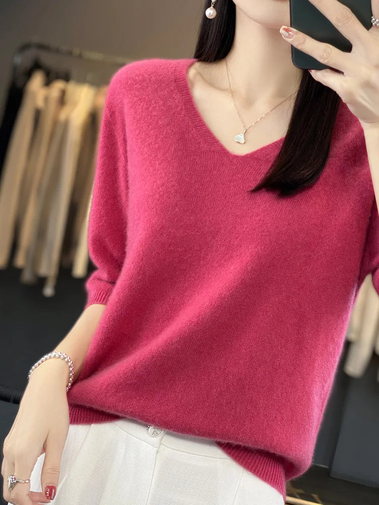 Aliselect Short Sleeve Women Knitted Sweaters 100% Pure Merino Wool Cashmere Spring Fashion V-Neck Top Pullover Clothing