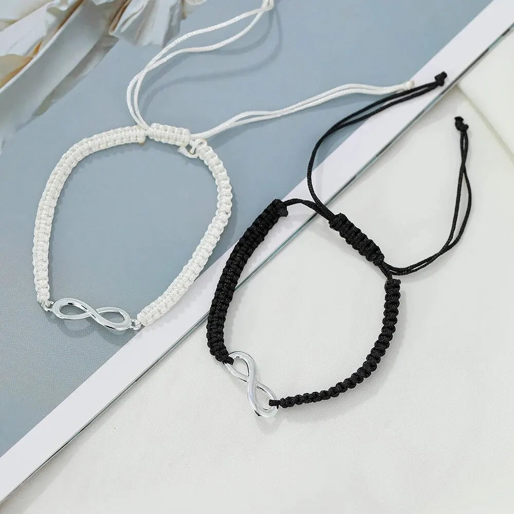 4pcs Couple Quartz Watch Bracelet Set Couple Fashion Black White Leather Strap Quartz Watch Woven Infinity Bracelets Set