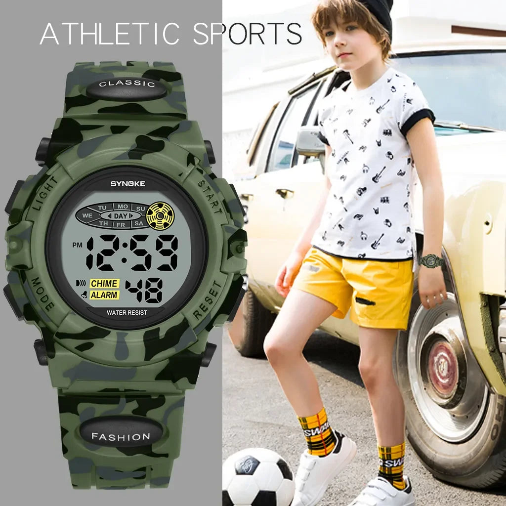 SYNOKE Student Sport Watch For Kids Colorful Electronic Watches 50M Waterproof Clock Children Digital Watch For Boys Camouflage