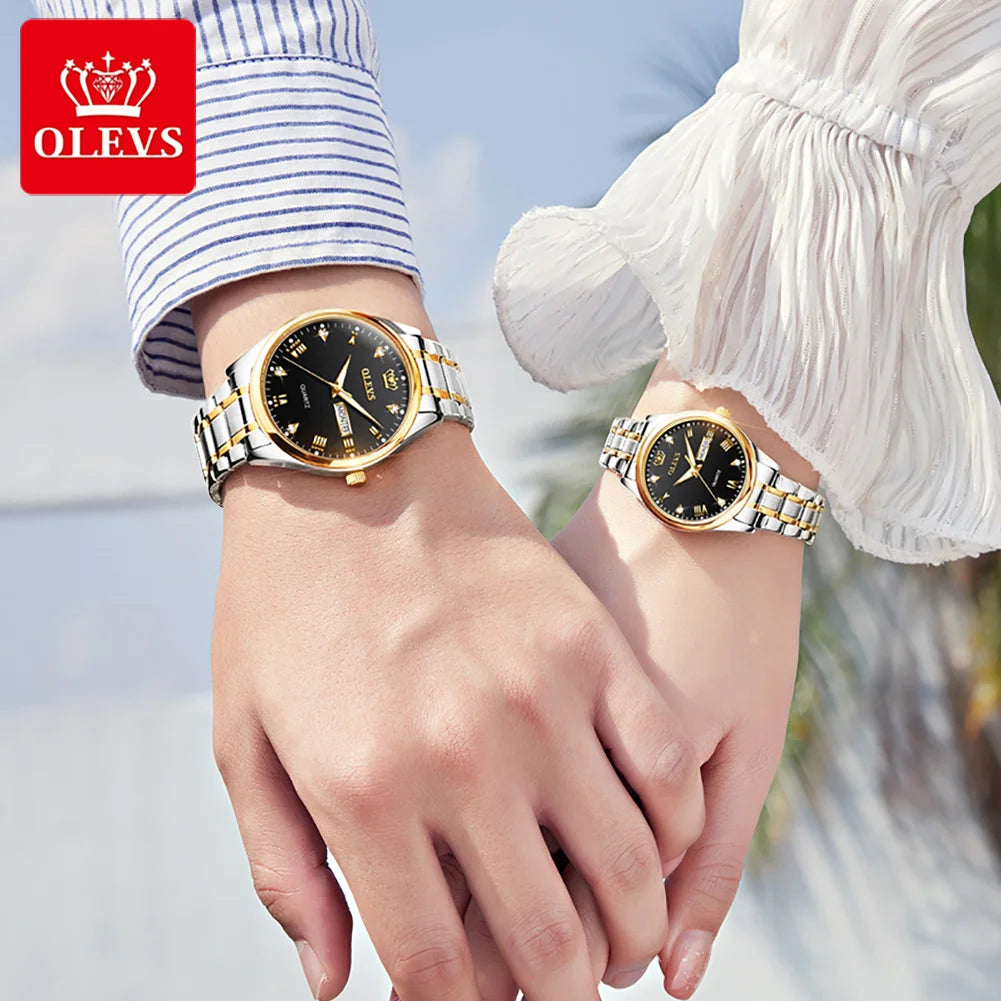 OLEVS Luxury Brand Quartz Couple Watch Waterproof Wristwatch Lover Gifts Luminous Classic Date Week Clock His or Hers Watch Sets