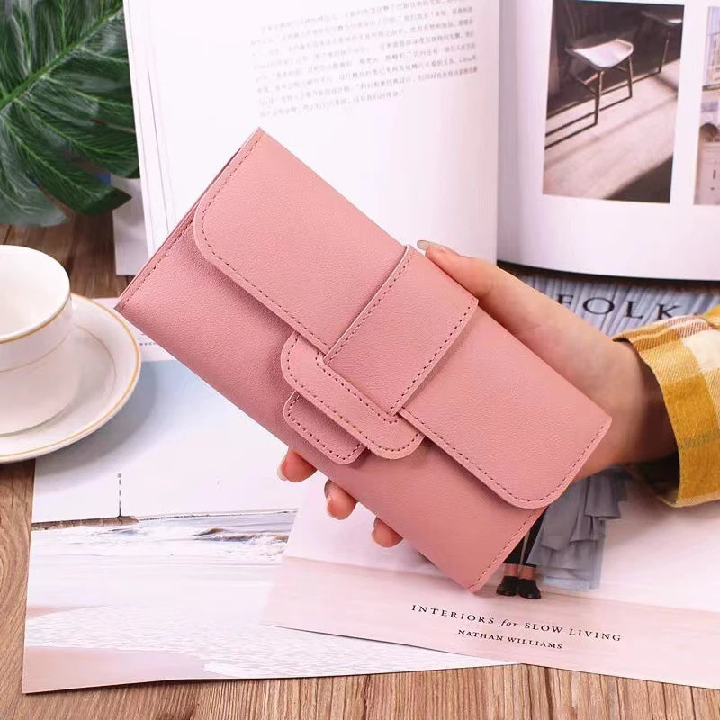 Solid Color PU Leather Women Wallet Luxury Long Hasp Fold-over Pattern Coin Purses Female Thin Clutch Phone Storage Bag Handbag