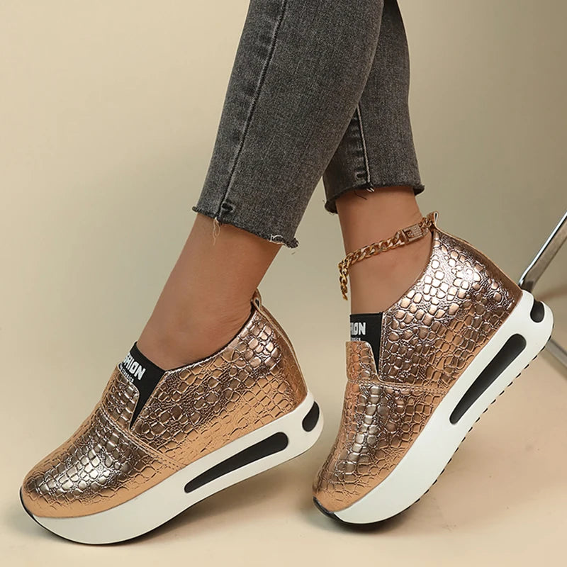 Silver PU Leather Platform Sneakers Women Casual Non-Slip Thick Sole Sports Shoes Woman Plus Size Slip-On Loafers Zapatos Mujer