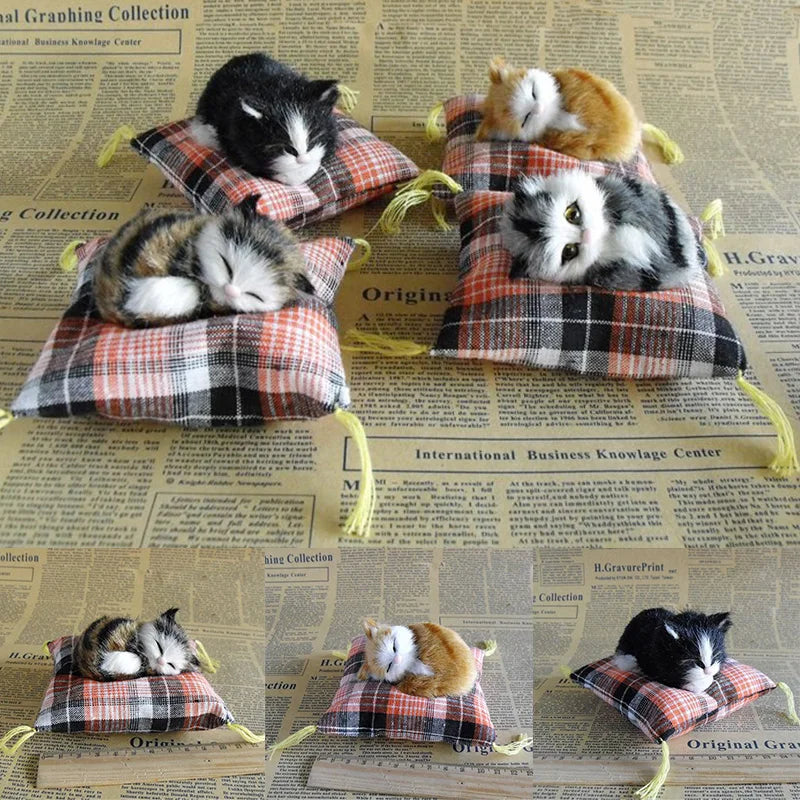 Artificial Mini Sleeping Cats on Cloth Pad Plush Simulation Lying Cats Doll Ornaments Children's Gifts Home Decoration Crafts