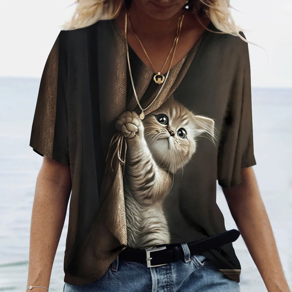 Women's T-shirt Kawaii Cat Print 3D T Shirt Top Girls Y2k Clothing Summer Short Sleeve Tees V-neck Casual Holiday Female T-shirt