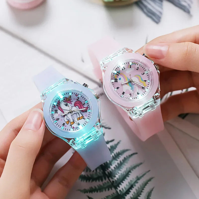 Cute Cartoon Pattern Kids Watch Fashion Luminous Children Quartz Unicorn Silicone Watchband Simple Casual Boys Girls Watch Clock