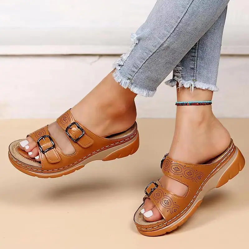 Women Closed Toe Summer Shoes 2022 New Comfort Double Buckle Wedge Ladies Sandals Plus Size Platform Casual Slippers Women