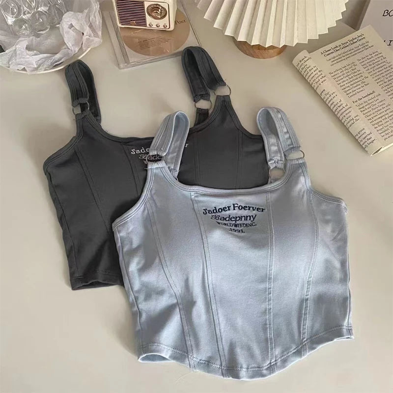 Sleeveless Top Women Summer Letter Printing Versatile Crop Tops Sexy Camisole Square Collar Tank Top Y2k Female Crop Tops Padded