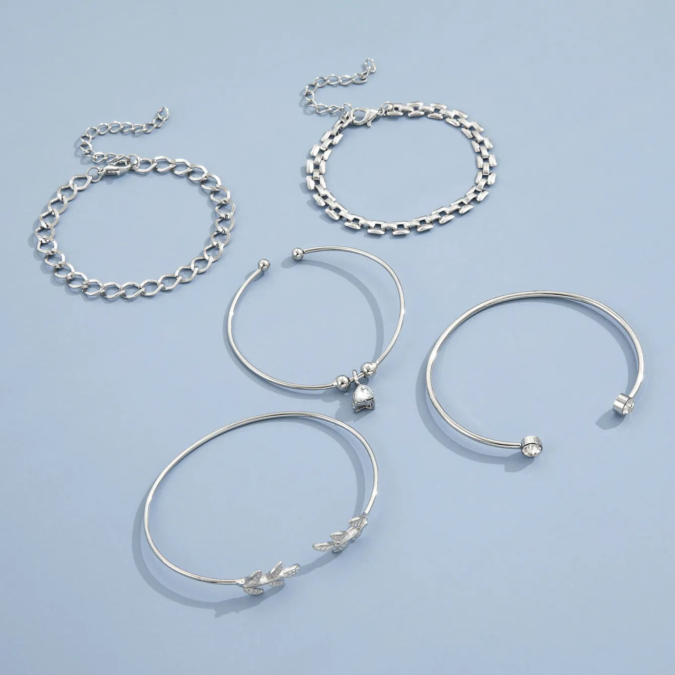 Bohemian Silver Color Geometric Link Chain Bracelet Set For Women Crystal Leaf Open Cuff Bangle Female Boho Jewelry Accessory