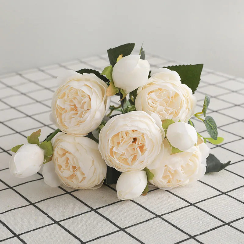 White Silk Artificial Roses Flowers Wedding Home Autumn Decoration High Quality Big Bouquet Luxury Fake Flower Arrangement Bulk