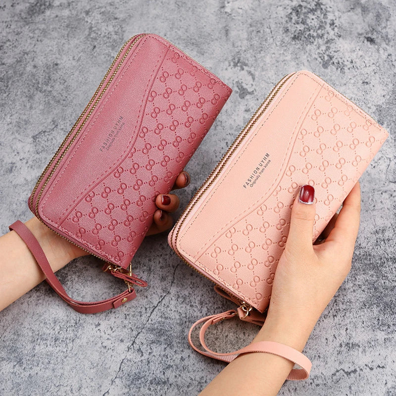 Solid PU Leather Women Wallets Long Double Zipper Coin Purses Female Brand Luxury Designer Clutch Phone Bag Carteras Para Mujer