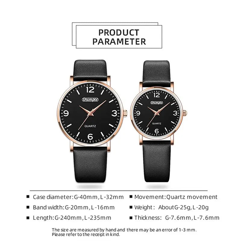 4pcs Couple Quartz Wristwatch Set Couple Fashion Black Leather Strap Quartz Watch Luxury Chain Gold Silver Bracelet Set