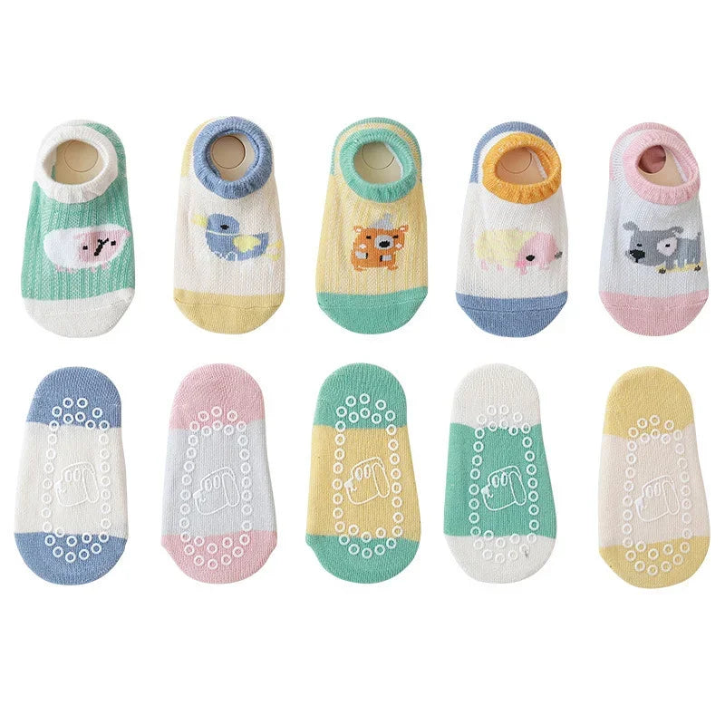 Cartoon Animal Print Short Tube Ankle Socks New Summer Mesh Thin Cotton with Rubber Non-slip Floor Socks for Baby Infant Clothes