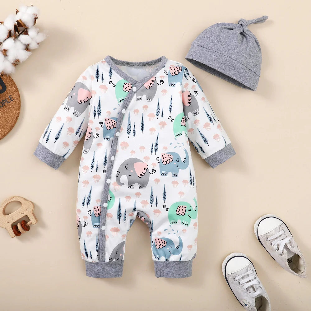 0-18 Months Baby Clothes Newborn Boy Romper Long Sleeves Animal Print Jumpsuit with Hat 2PCS Clothing Infant Baby Bodysuit