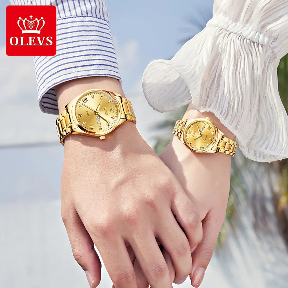 OLEVS Luxury Brand Quartz Couple Watch Waterproof Wristwatch Lover Gifts Luminous Classic Date Week Clock His or Hers Watch Sets