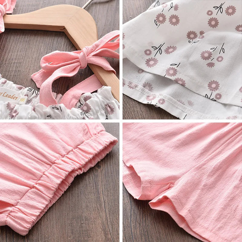 Summer Casual Girls Clothing Sets Kids Clothing Sets Sleeveless Floral T-shirt + Shorts Pants 2Pcs Suit Bow Children Girl Suit