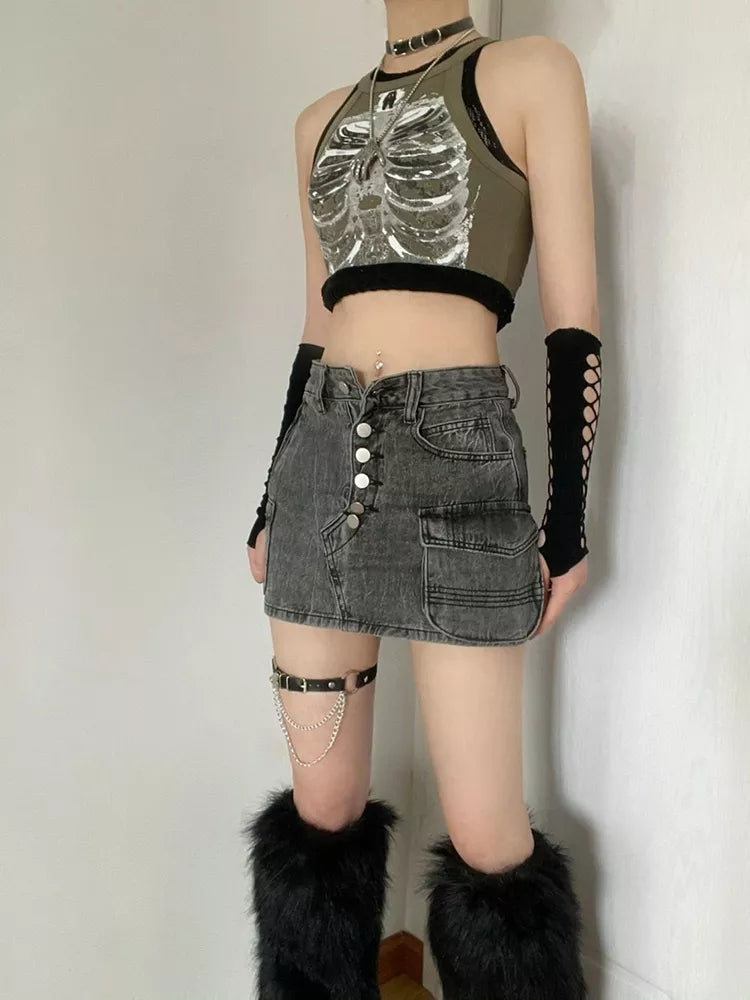 Punk Aesthetic Cyber Retro X-ray Skeleton Print Rib Sleeveless Vest ArmyGreen Crop Top Designer Clothes Women 2022 Summer Emo