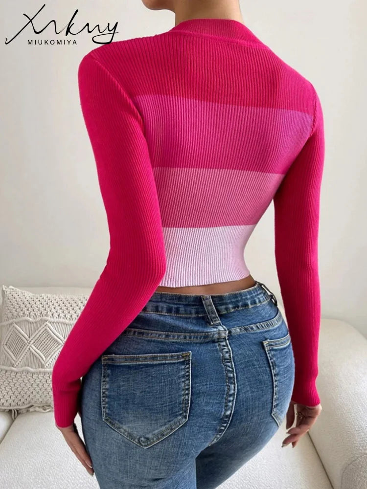 MiuKoMiYa Pink Knitted Crop Striped Tops For Women Skinny Thin Sweaters Ladies Blue Short Stripe Pullovers Women Crop Tops 2024