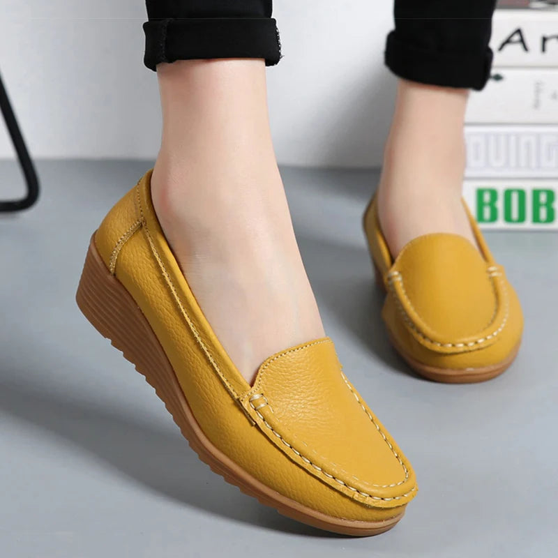 Women Shoes 2023 New Leather Flat Shoes Slip On Women Loafers With Wedge Heels Casual Flats Zapatos Mujeres Moccasins Female