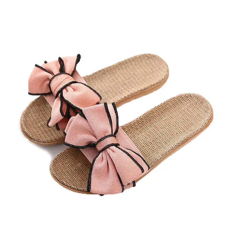 Mntrerm 2024 New Casual Sneakers For Home Slippers Summer Bow-knot Soft Floor Woman Indoor Flats Shoes Cute Linen Slipper Terlik