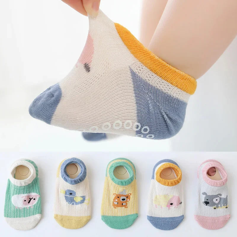 Cartoon Animal Print Short Tube Ankle Socks New Summer Mesh Thin Cotton with Rubber Non-slip Floor Socks for Baby Infant Clothes