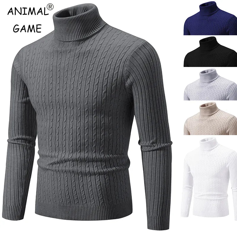 New Men's High Neck Sweater Solid Color Pullover Knitted Warm Casual Turtleneck Sweatwear Woolen Mens Winter Outdoor Tops