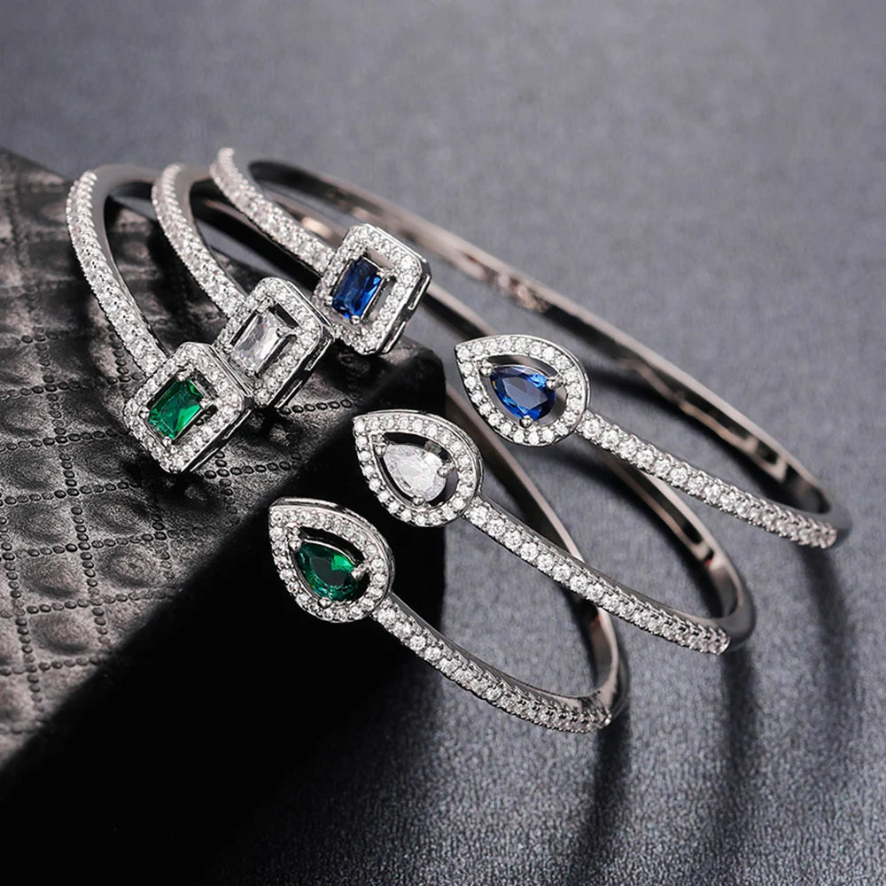 Huitan Luxury Green/White/Blue Cubic Zirconia Cuff Bracelet Bangle for Women Good Quality Female Hand Jewelry 2022 Drop Shipping