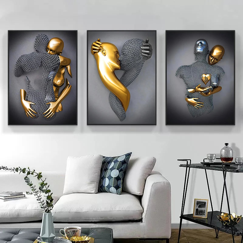 Black and Gold Love Heart Metal Figure Statue Canvas Painting Modern Posters Prints Wall Art Pictures for Living Room Home Decor