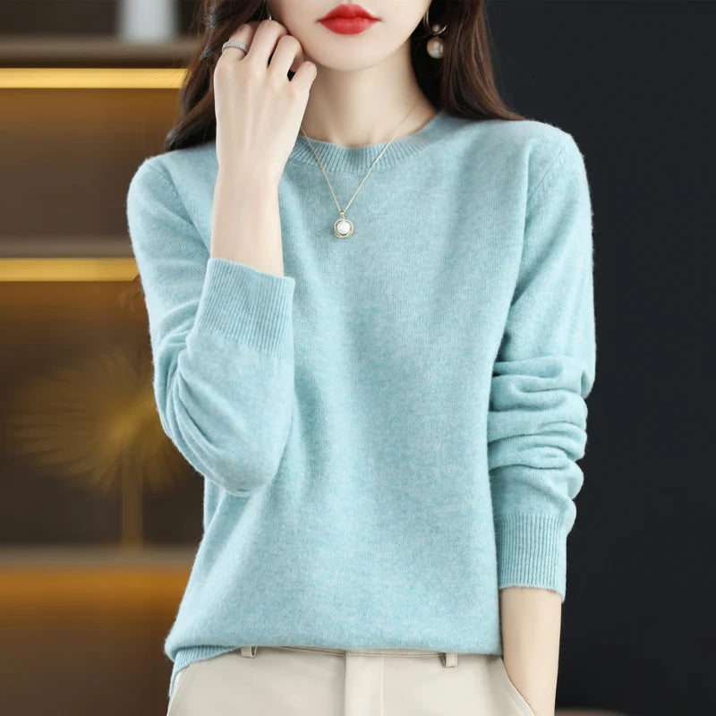 100% pure wool cashmere sweater women's O-neck pullover casual knit top autumn and winter women's coat Korean fashion