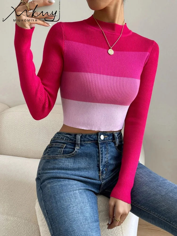 MiuKoMiYa Pink Knitted Crop Striped Tops For Women Skinny Thin Sweaters Ladies Blue Short Stripe Pullovers Women Crop Tops 2024