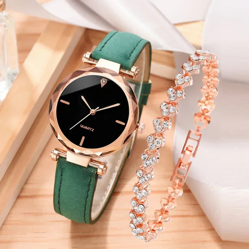 2pcs Luxury Fashion Women Watch Set PU Leather Strap Ladies Quartz Wristwatch Rhinestone RoseGold Alloy Bracelet For Ladies Gift