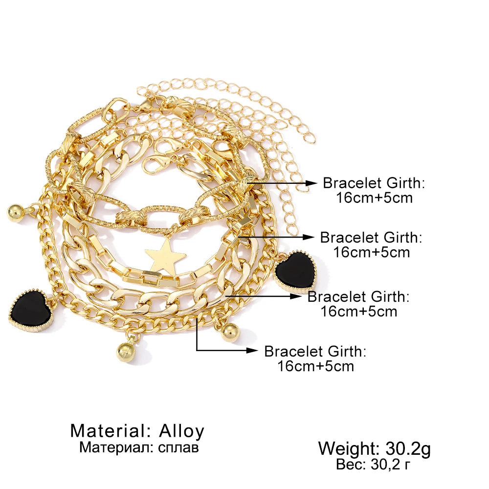 IPARAM Punk Golden Metal Thick Chain Bracelets for Women Men Pentagram Heart Beads Pendant Charm Bracelet Set Fashion Jewelry